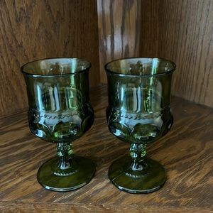 1960’s Indiana Glass Tiffin-Franciscan Kings Crown Avocado Green Cordial Glasses